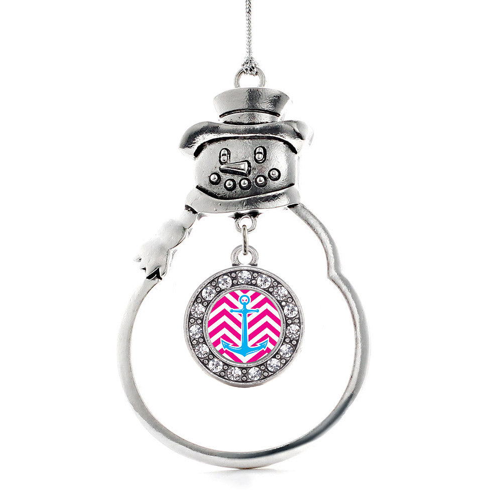 Pink Chevron Blue Anchor Circle Charm Christmas / Holiday Ornament