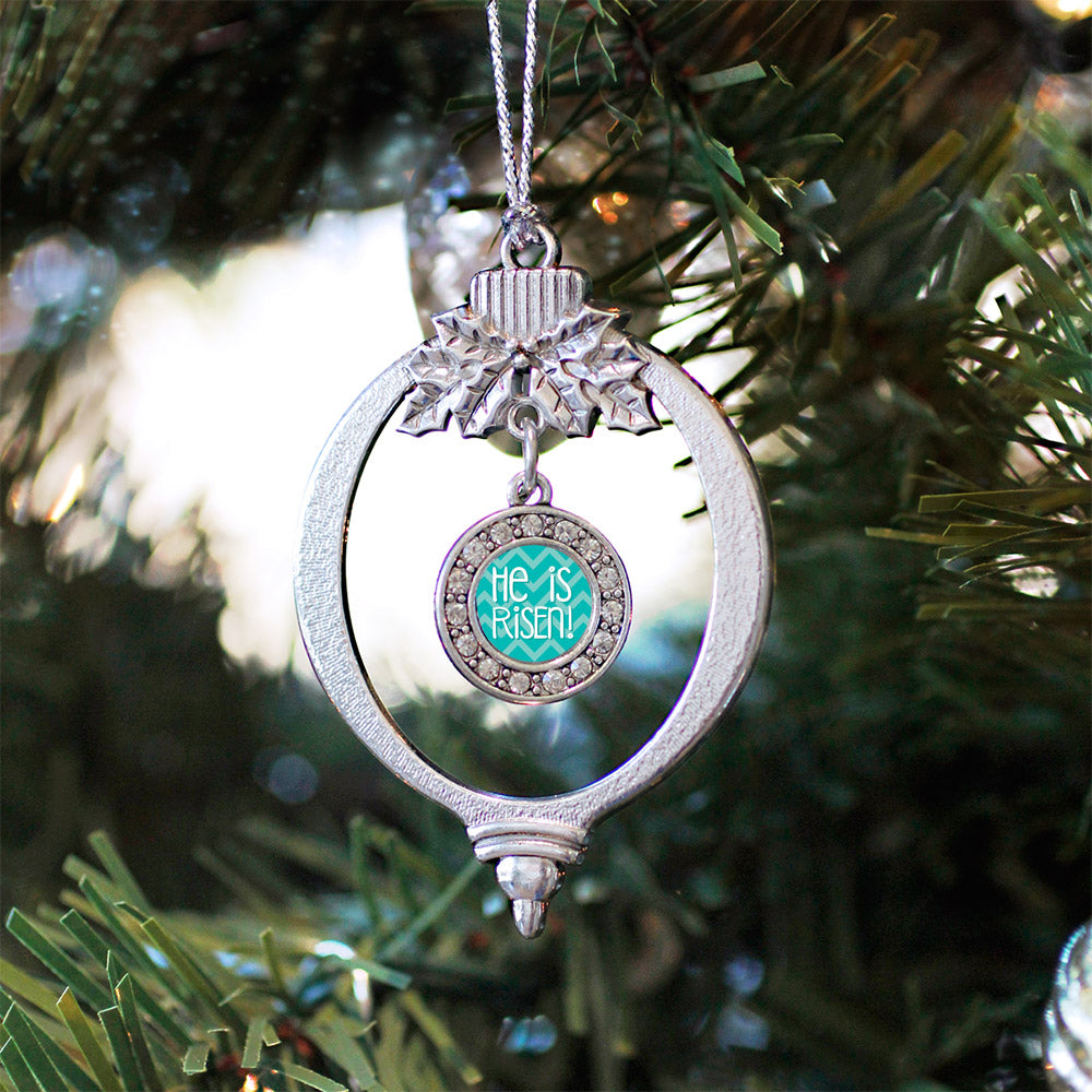 He is Risen Teal Chevron Patterned Circle Charm Christmas / Holiday Ornament