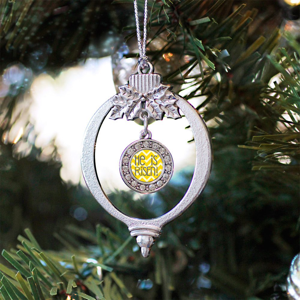 He is Risen Yellow Chevron Patterned Circle Charm Christmas / Holiday Ornament