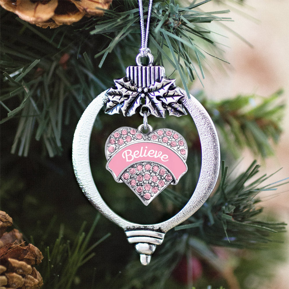 Pink Script Believe Pave Heart Charm Christmas / Holiday Ornament