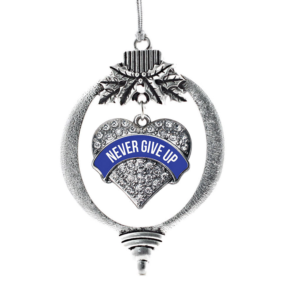 Blue Never Give Up Pave Heart Charm Christmas / Holiday Ornament