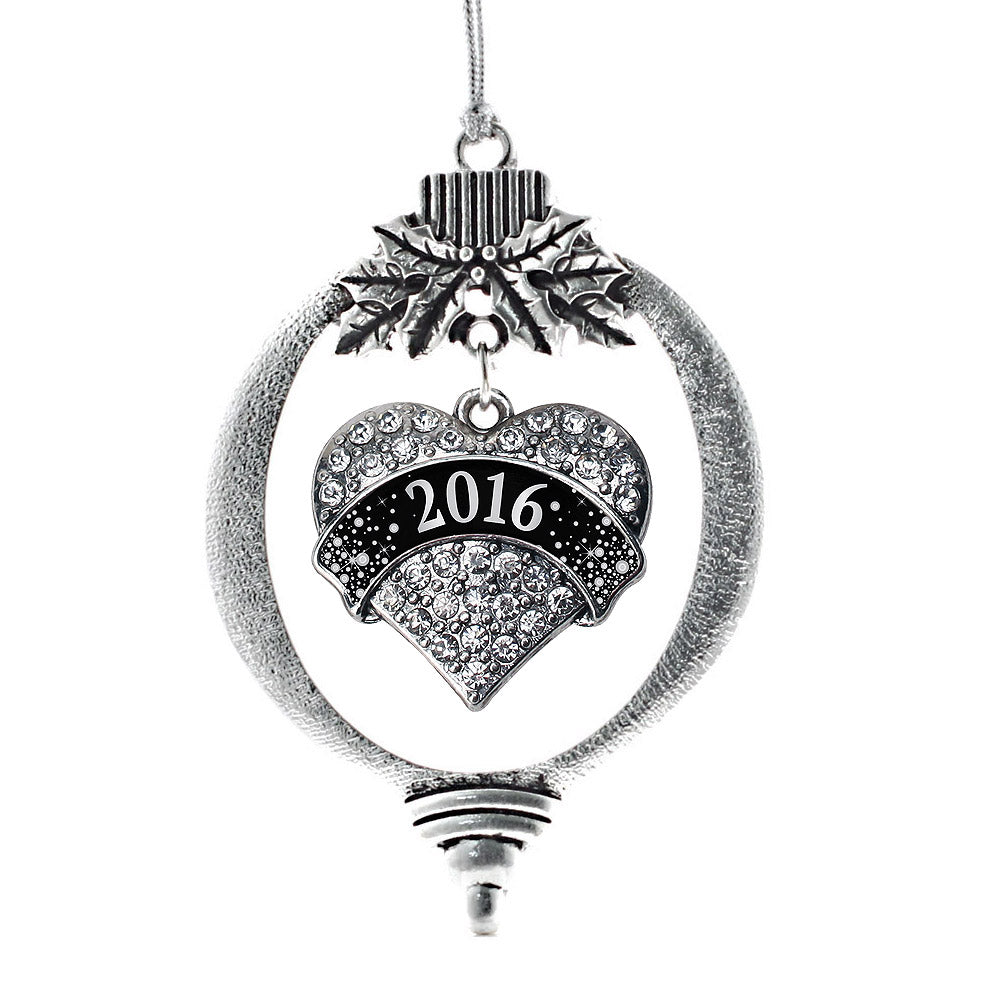 Black and Silver 2016 Pave Heart Charm Christmas / Holiday Ornament