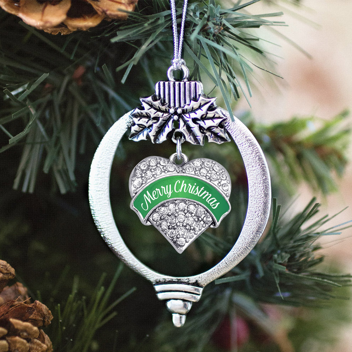 Green Merry Christmas Pave Heart Charm Christmas / Holiday Ornament