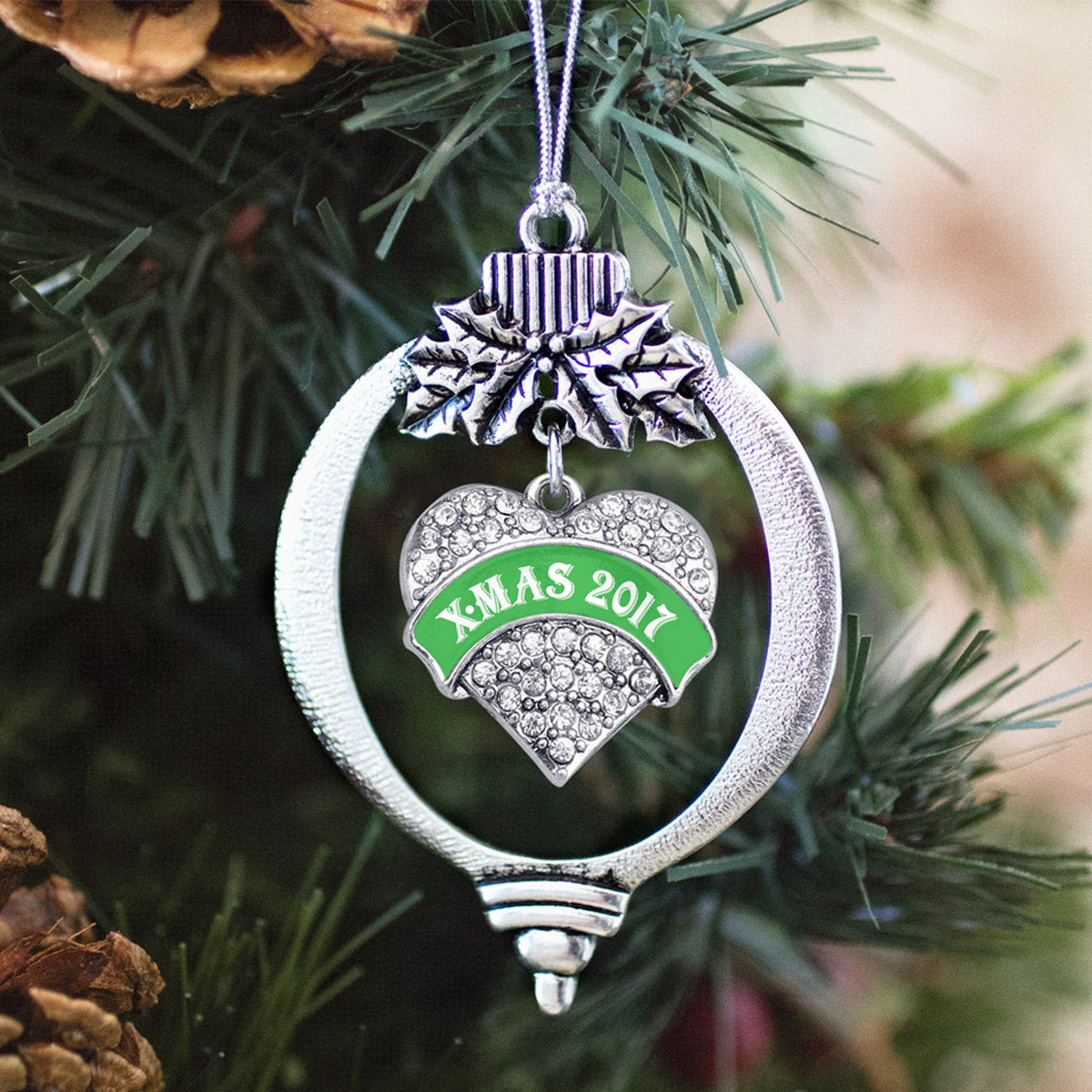 Green X-mas 2017 Pave Heart Charm Christmas / Holiday Ornament