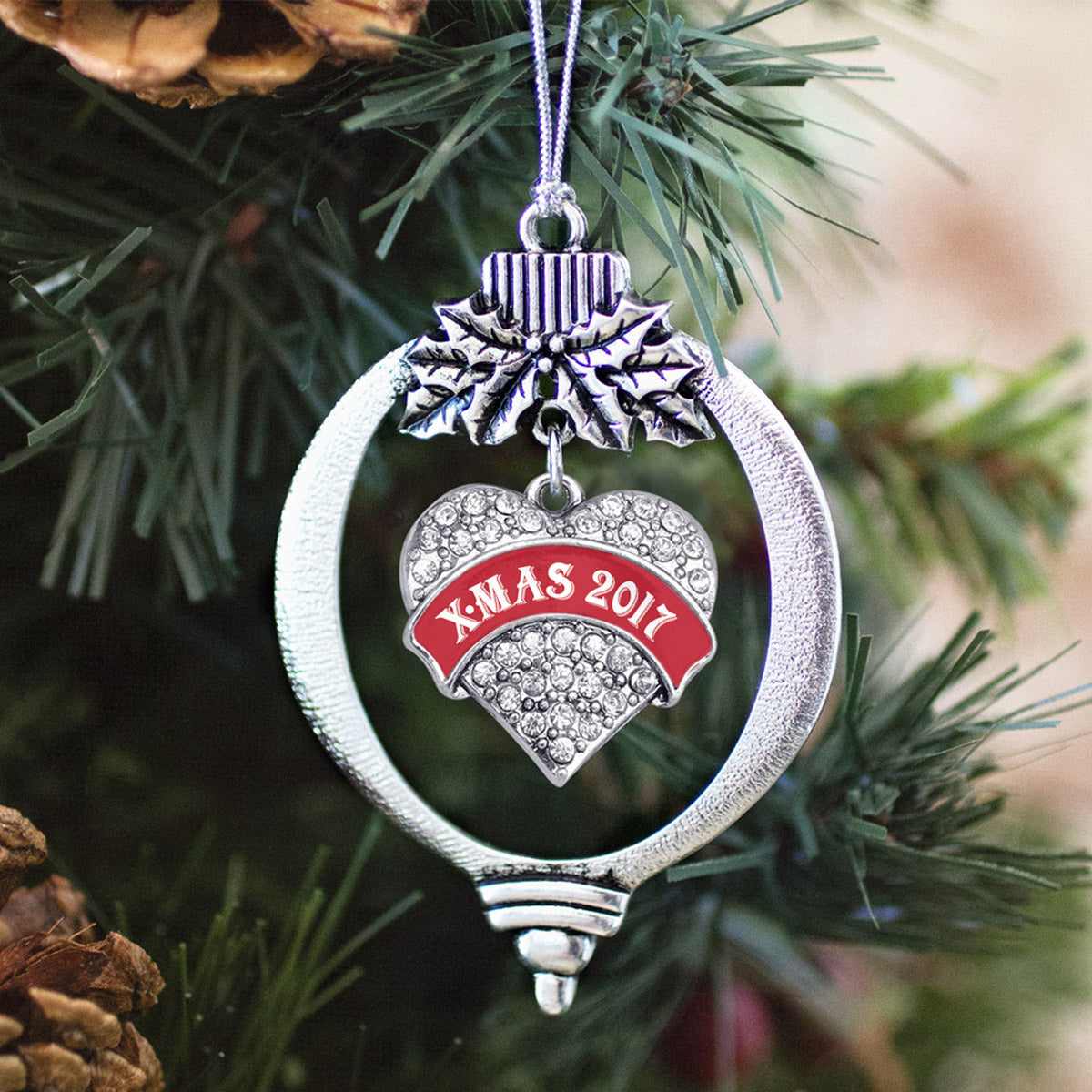 Red X-mas 2017 Pave Heart Charm Christmas / Holiday Ornament
