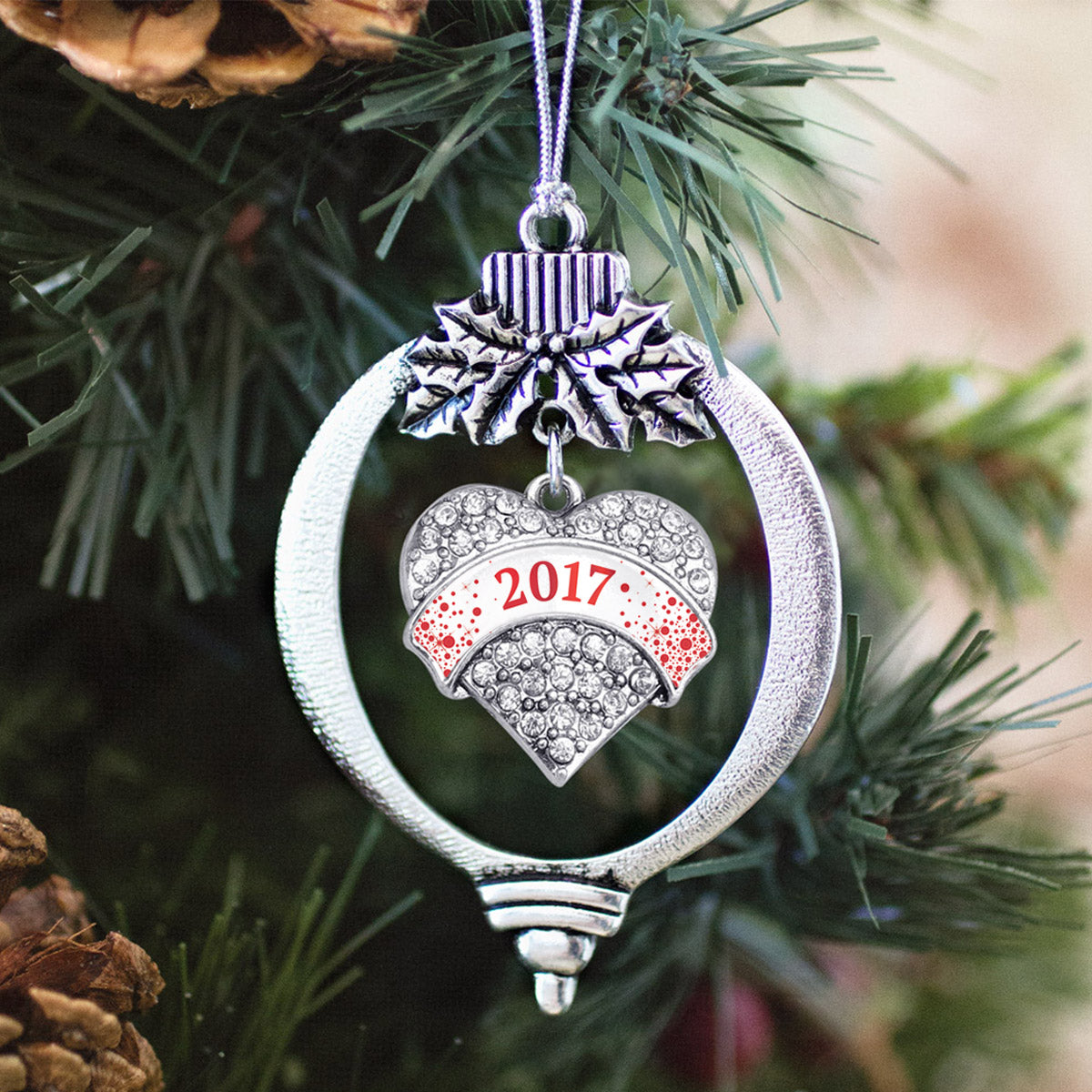 Red and White Christmas 2017 Pave Heart Charm Christmas / Holiday Ornament