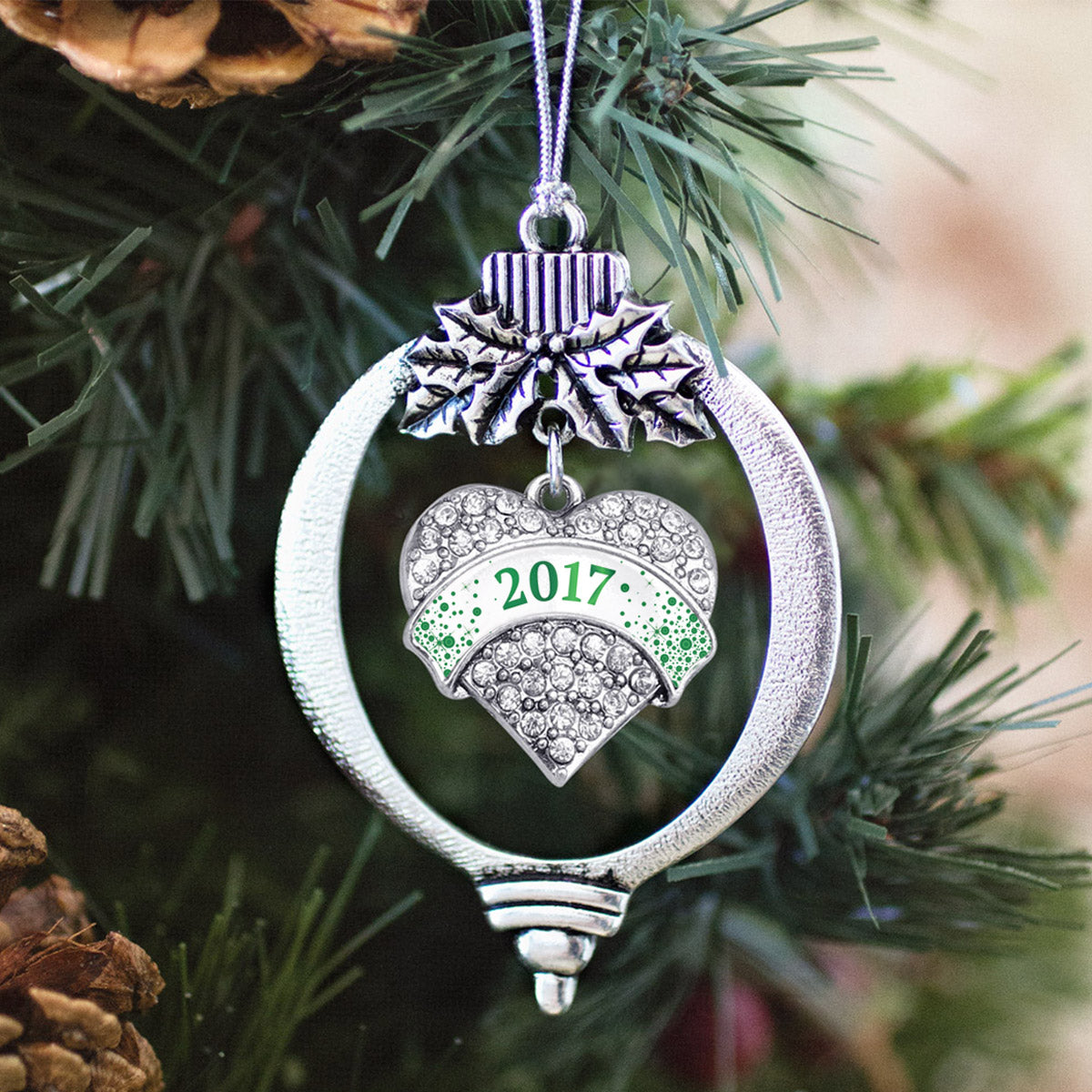 Green and White Christmas 2017 Pave Heart Charm Christmas / Holiday Ornament