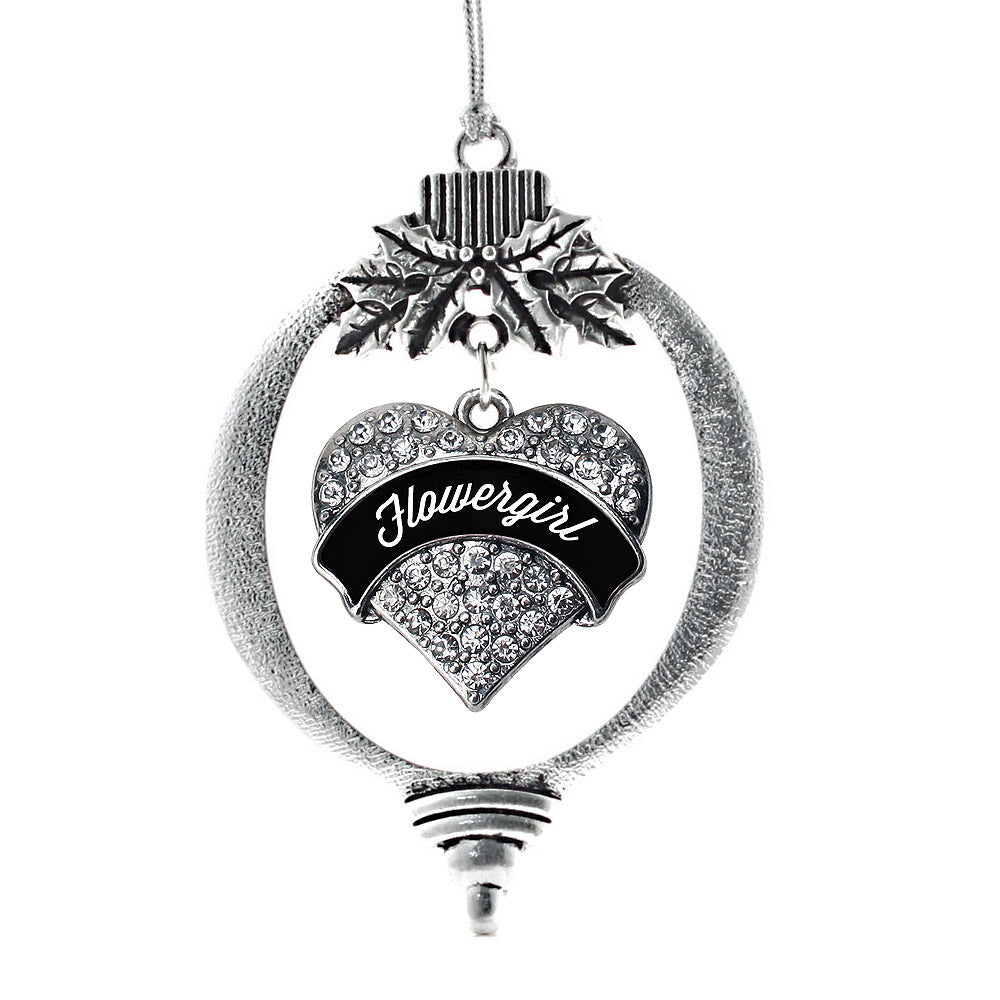 Black and White Flower Girl Pave Heart Charm Christmas / Holiday Ornament