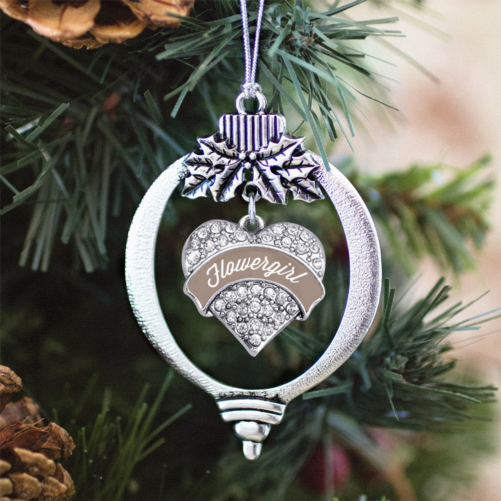Brown and White Flower Girl Pave Heart Charm Christmas / Holiday Ornament