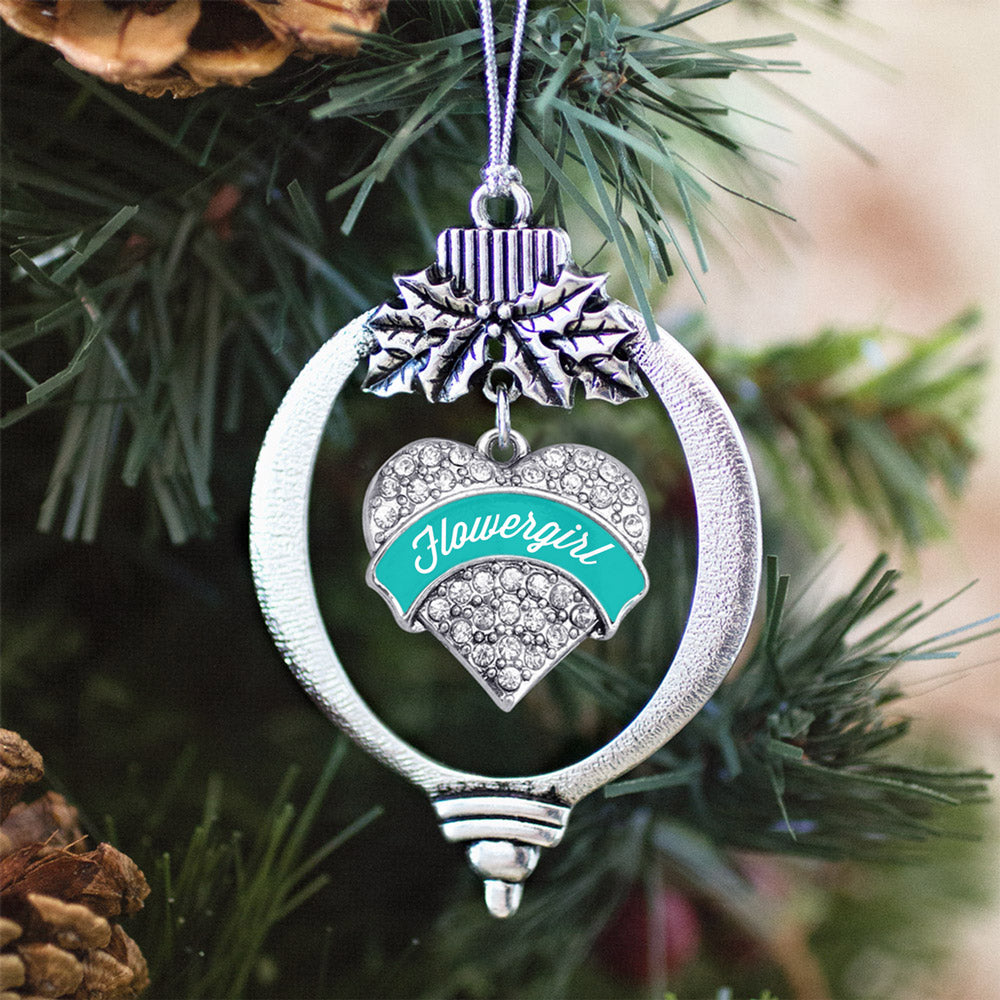 Teal Flower Girl Pave Heart Charm Christmas / Holiday Ornament
