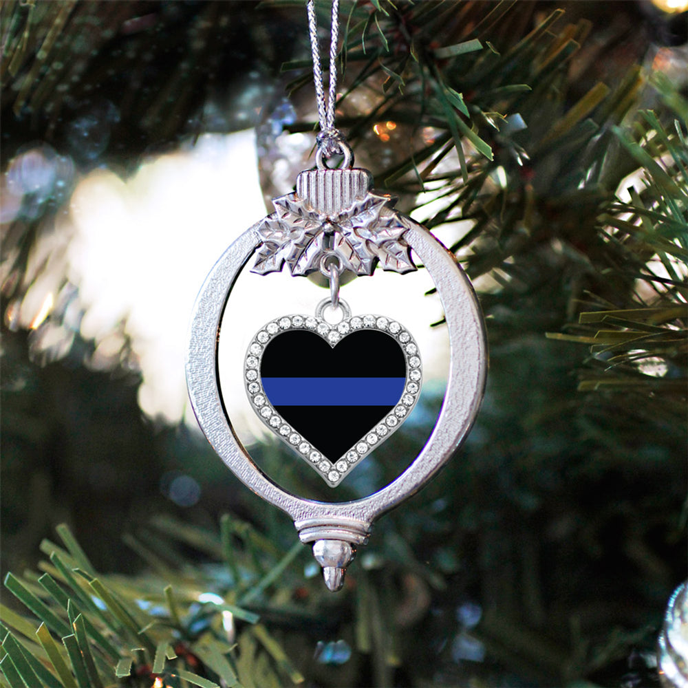 Thin Blue Line Police Support Open Heart Charm Christmas / Holiday Ornament