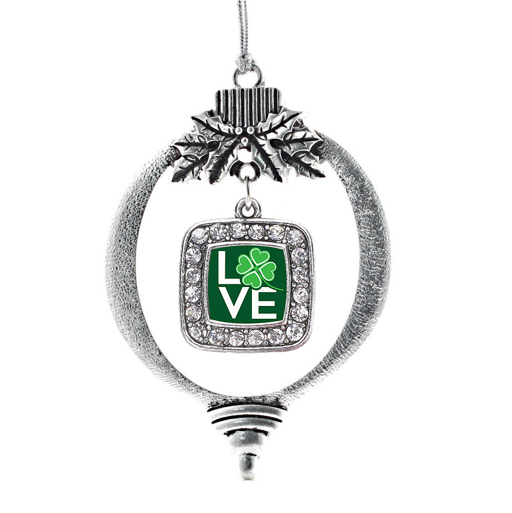Lucky Clover Of Love Pave Heart Square Charm Christmas / Holiday Ornament