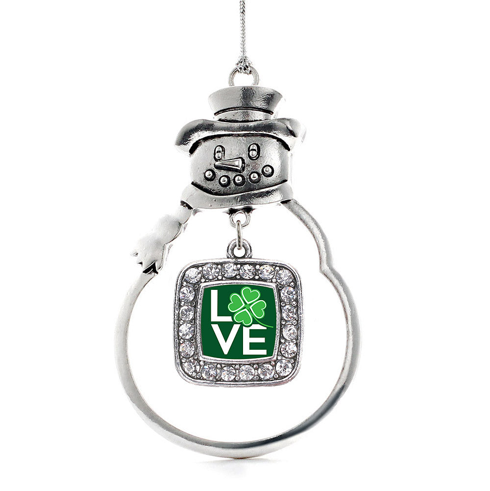 Lucky Clover Of Love Pave Heart Square Charm Christmas / Holiday Ornament