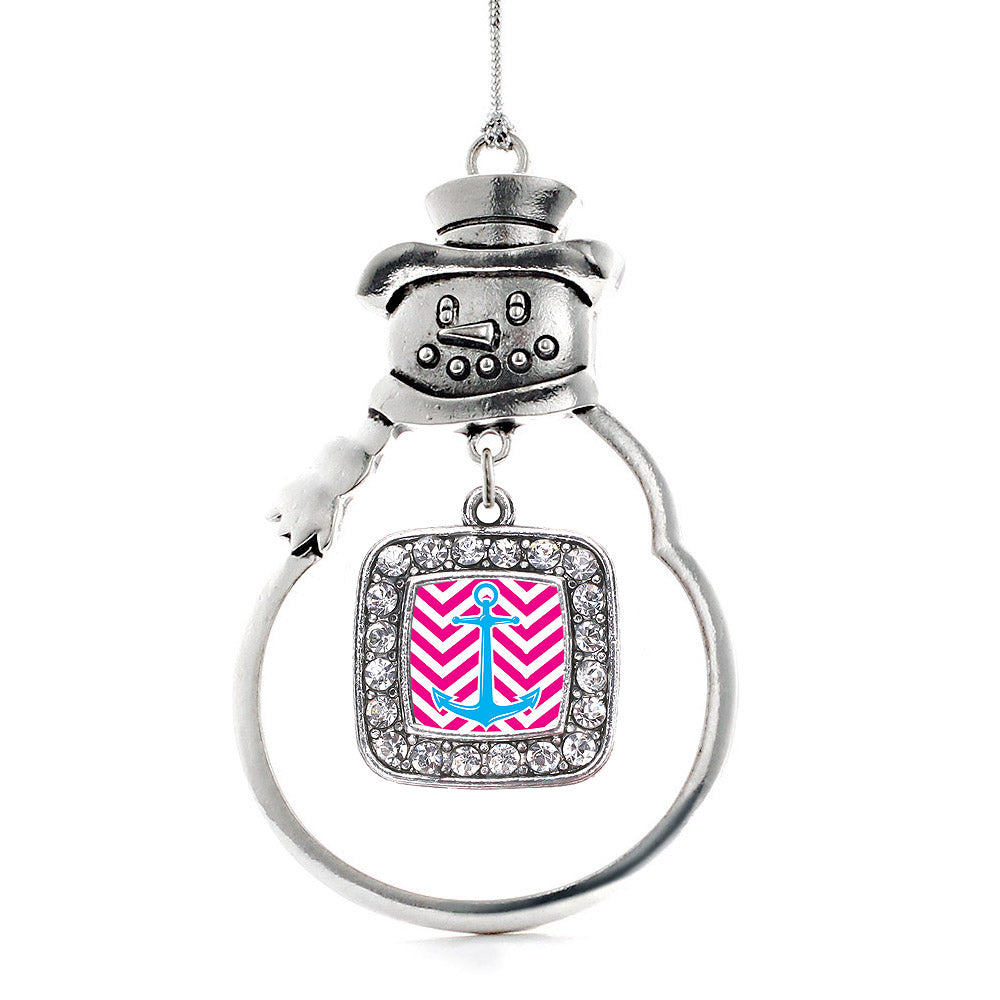 Pink Chevron Blue Anchor Square Charm Christmas / Holiday Ornament