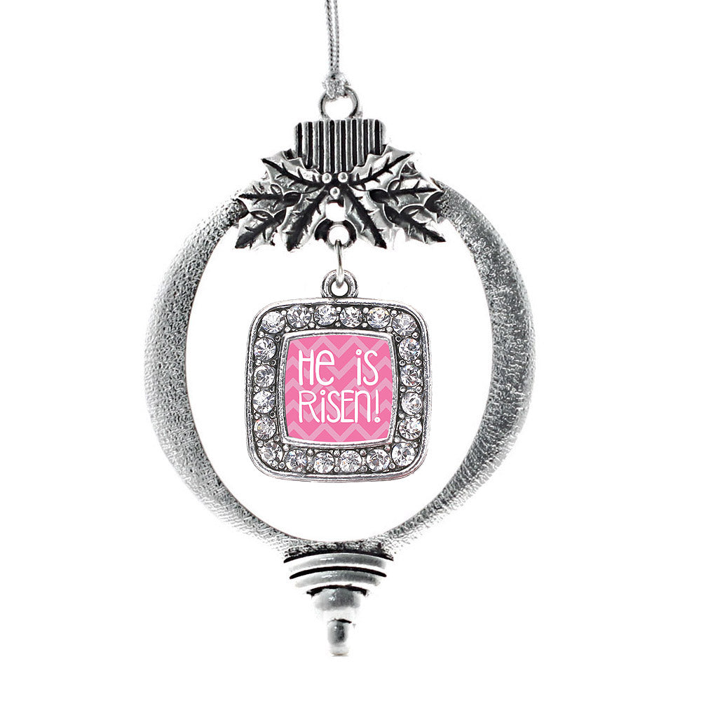 He is Risen Pink Chevron Patterned Square Charm Christmas / Holiday Ornament