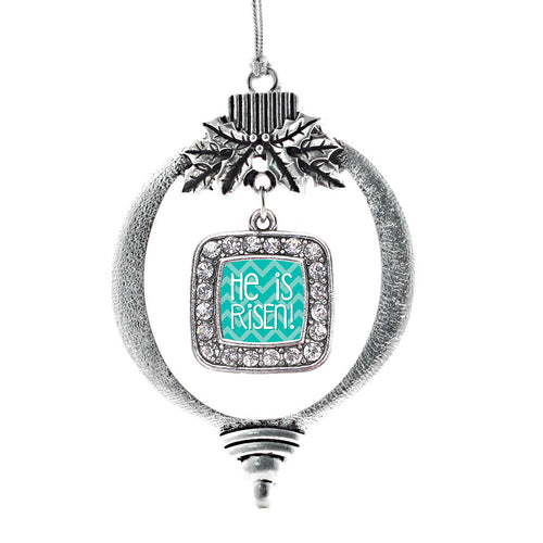 He is Risen Teal Chevron Patterned Square Charm Christmas / Holiday Ornament