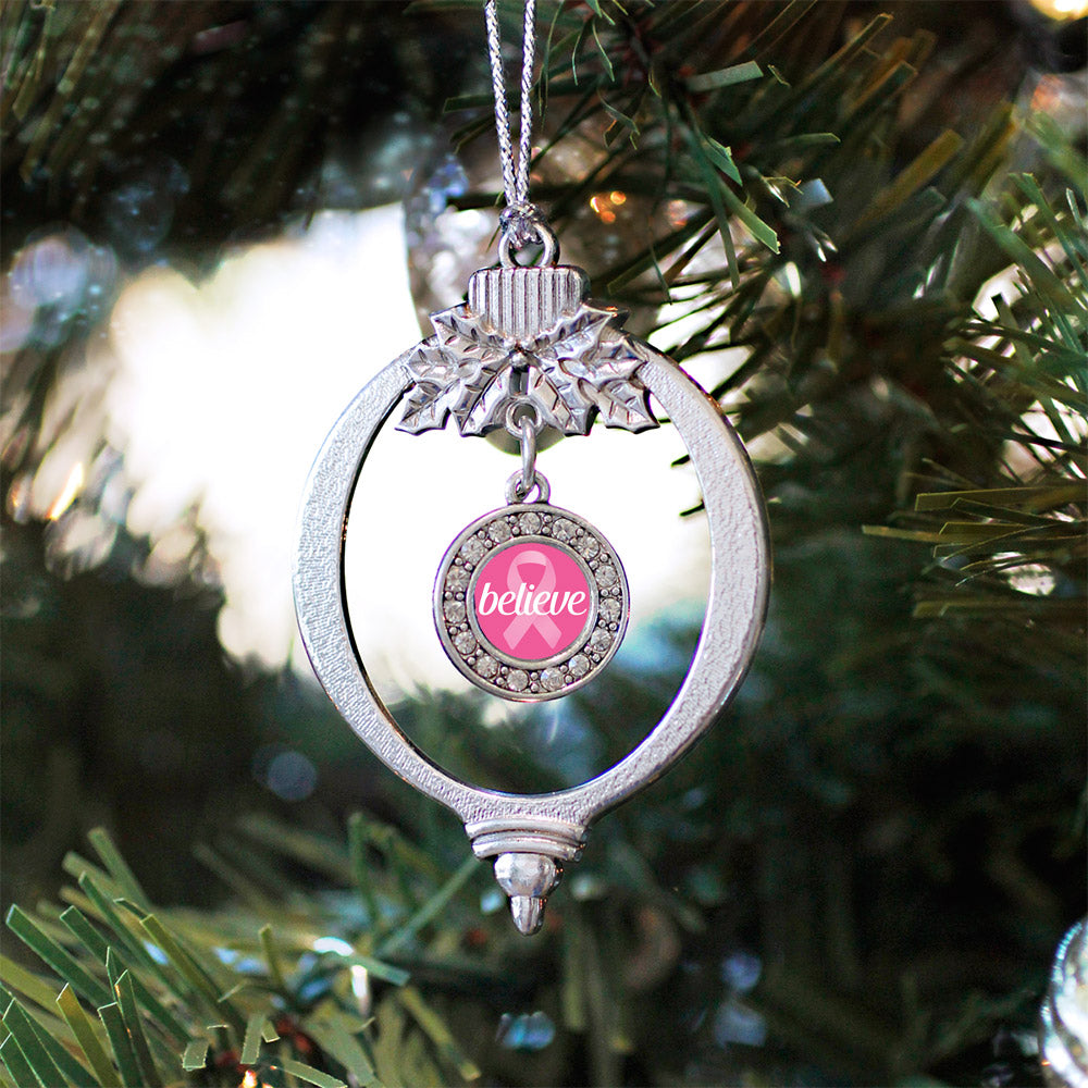 Believe Ribbon Breast Cancer Awareness Circle Charm Christmas / Holiday Ornament