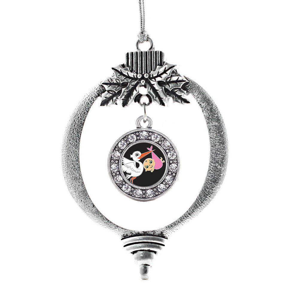 Stork Brings a Girl Circle Charm Christmas / Holiday Ornament