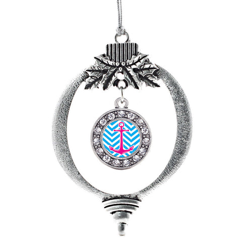 Blue Chevron Pink Anchor Circle Charm Christmas / Holiday Ornament