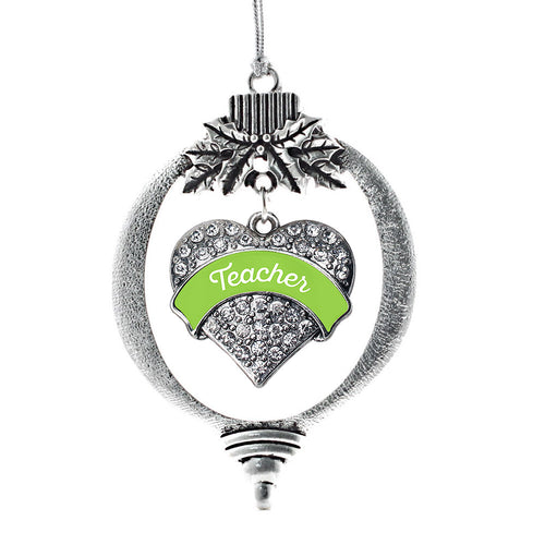 Lime Green Teacher Pave Heart Charm Christmas / Holiday Ornament