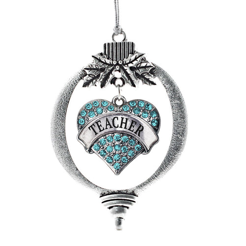 Teacher Aqua Pave Heart Charm Christmas / Holiday Ornament