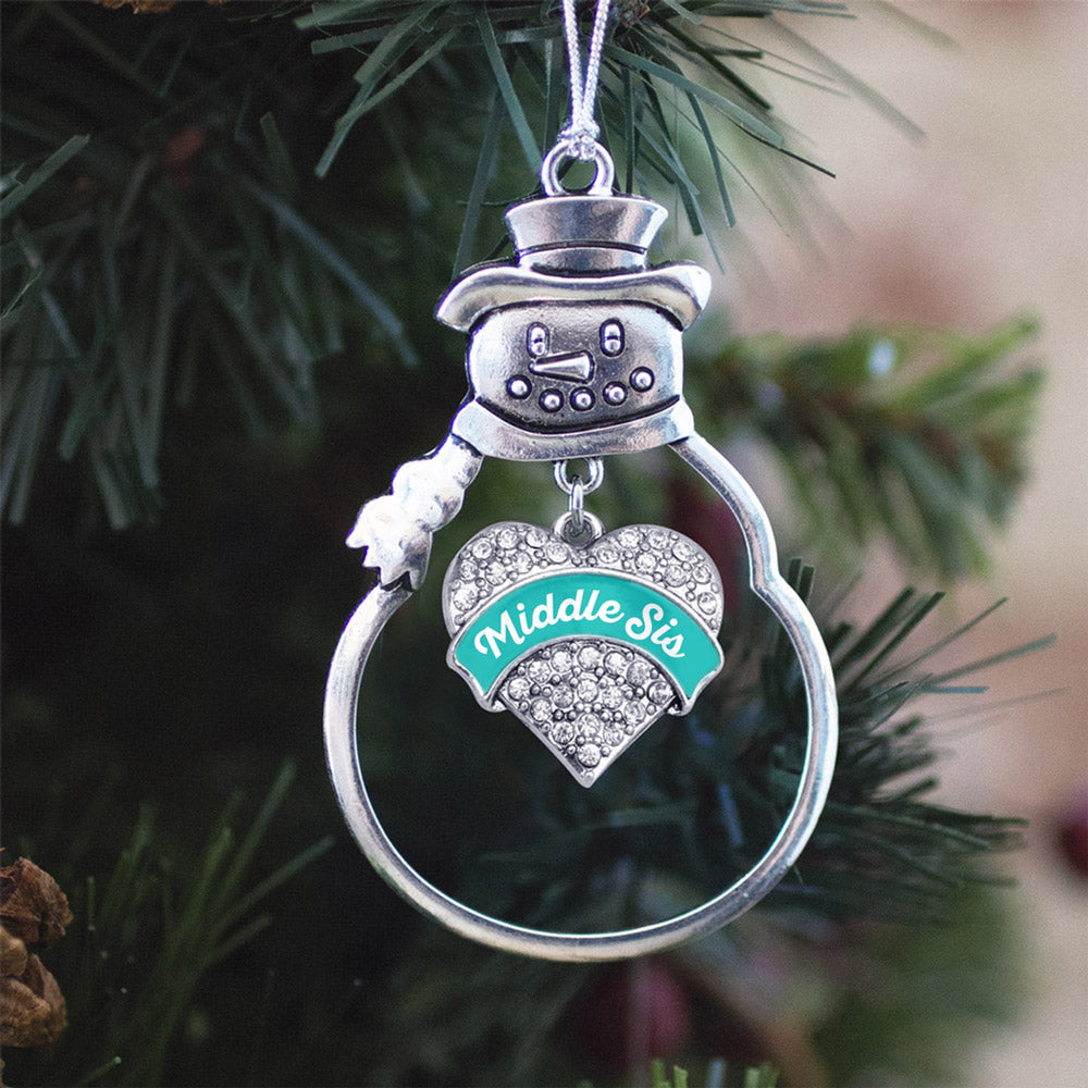 Teal Middle Sister Pave Heart Charm Christmas / Holiday Ornament
