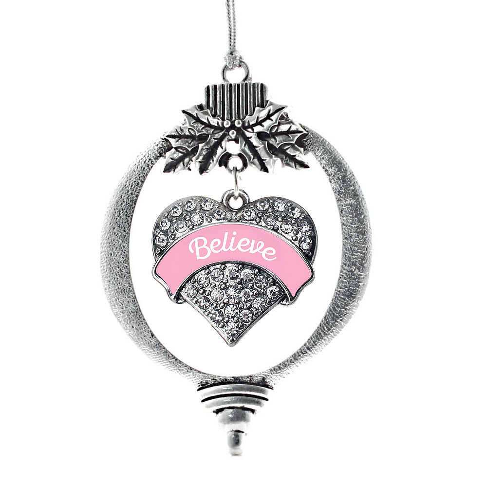 Pink Script Believe Breast Cancer Support Pave Heart Charm Christmas / Holiday Ornament