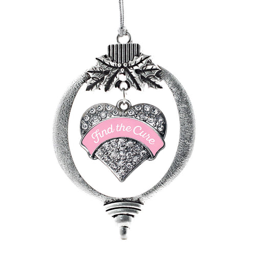 Pink Script Find the Cure Breast Cancer Support Pave Heart Charm Christmas / Holiday Ornament