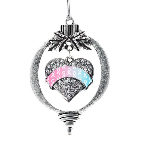 Light Blue & Light Pink Ribbon Support Pave Heart Charm Christmas / Holiday Ornament