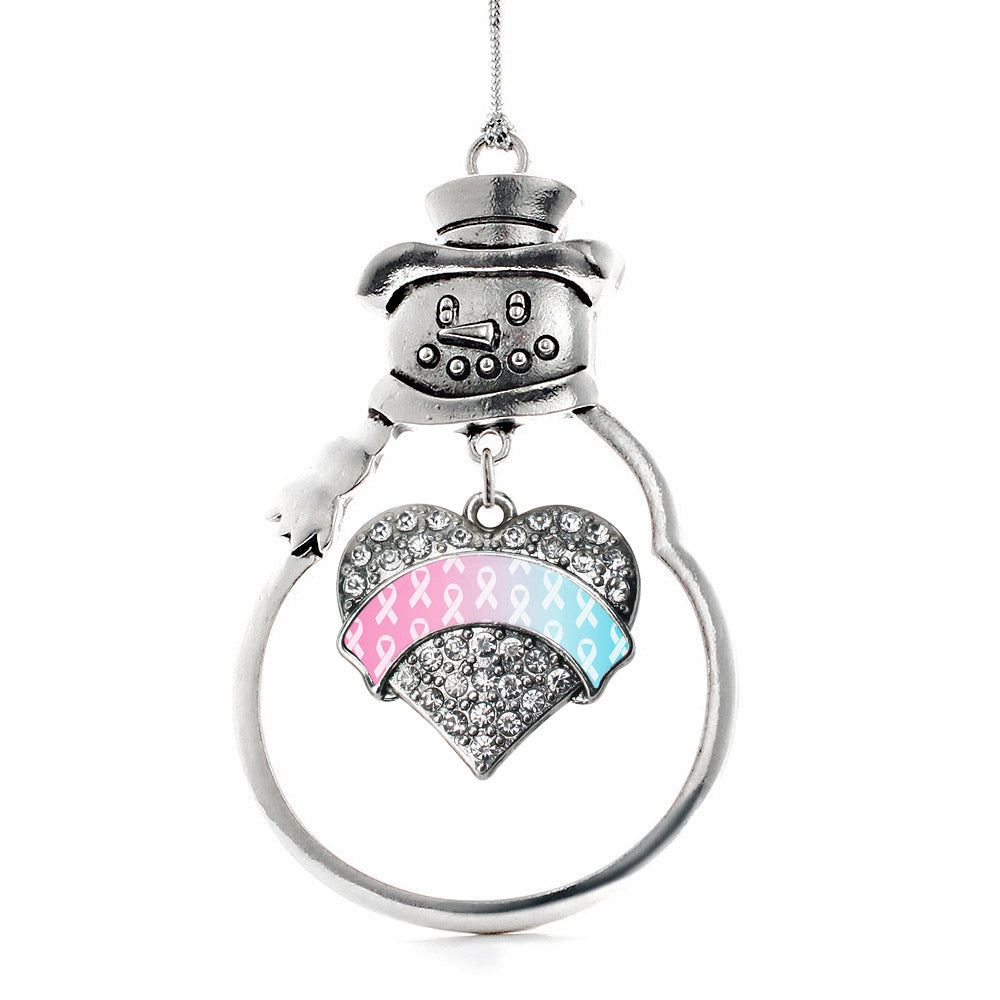 Light Blue & Light Pink Ribbon Support Pave Heart Charm Christmas / Holiday Ornament
