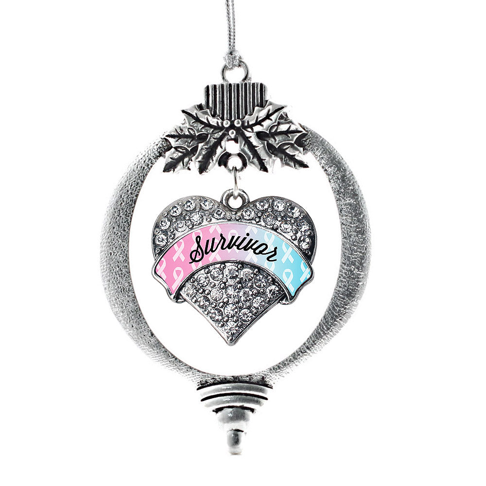 Light Blue & Light Pink Ribbon Survivor Pave Heart Charm Christmas / Holiday Ornament
