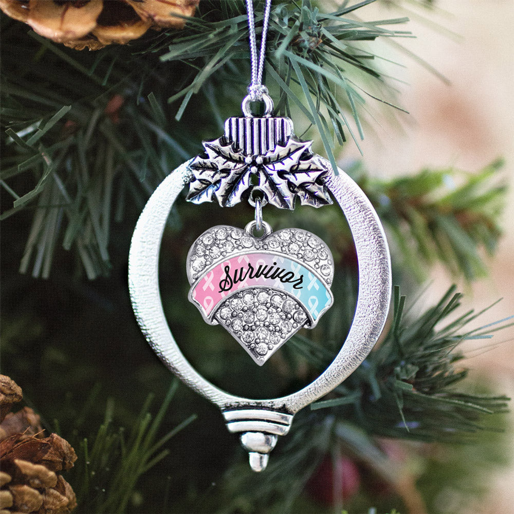 Light Blue & Light Pink Ribbon Survivor Pave Heart Charm Christmas / Holiday Ornament