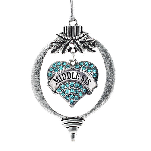 Middle Sis Aqua Pave Heart Charm Christmas / Holiday Ornament