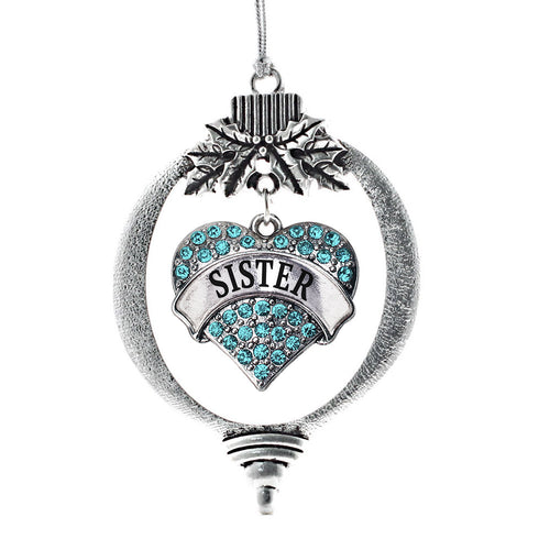 Sister Aqua Pave Heart Charm Christmas / Holiday Ornament