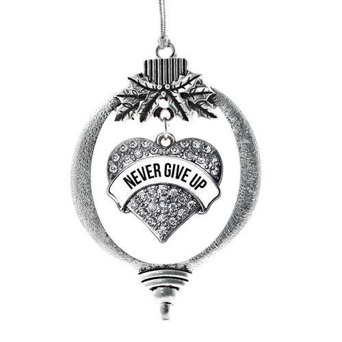 White Banner Never Give Up Pave Heart Charm Christmas / Holiday Ornament