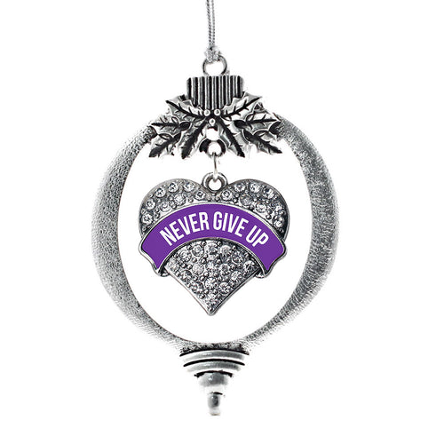 Purple Banner Never Give Up Pave Heart Charm Christmas / Holiday Ornament