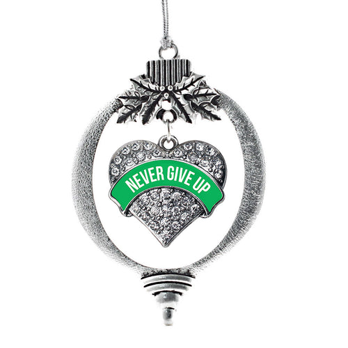 Green Never Give Up Pave Heart Charm Christmas / Holiday Ornament