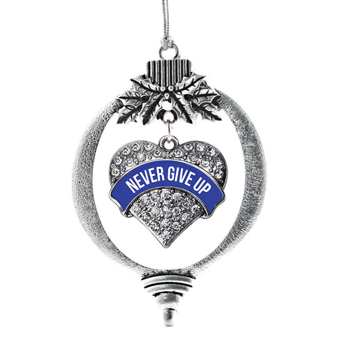 Blue Never Give Up Pave Heart Charm Christmas / Holiday Ornament