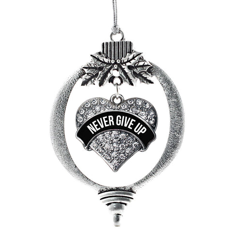 Black and White Never Give Up Pave Heart Charm Christmas / Holiday Ornament