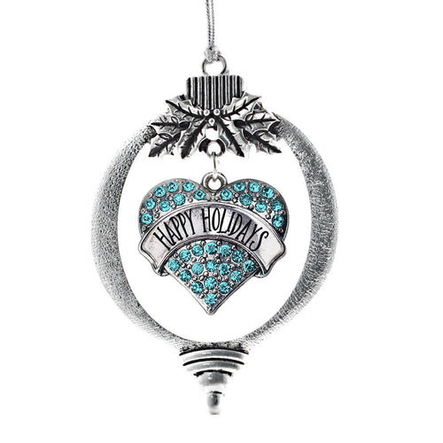 Happy Holidays Aqua Pave Heart Charm Christmas / Holiday Ornament