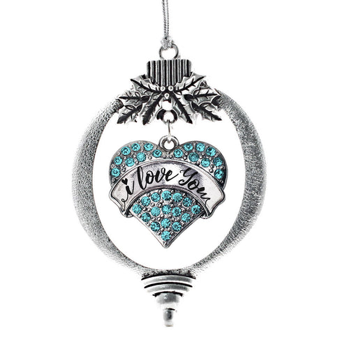 I Love You Handwritten Script Aqua Pave Heart Charm Christmas / Holiday Ornament