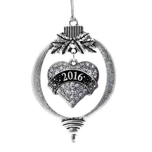 Black and Silver 2016 Pave Heart Charm Christmas / Holiday Ornament