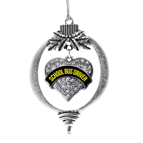 Black and Yellow School Bus Driver Pave Heart Charm Christmas / Holiday Ornament