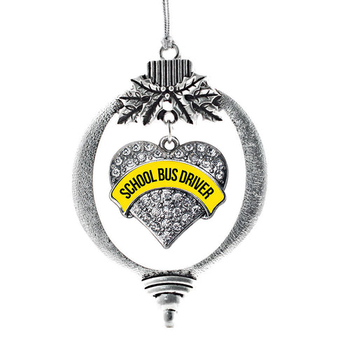 Yellow and Black School Bus Driver Pave Heart Charm Christmas / Holiday Ornament