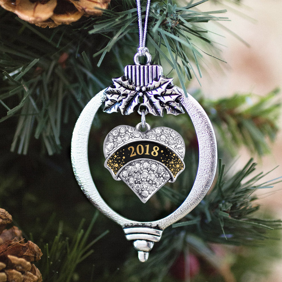 Black and Gold New Year's 2018 Pave Heart Charm Christmas / Holiday Ornament
