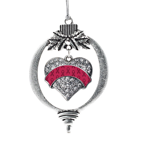 Burgundy Ribbon Support Pave Heart Charm Christmas / Holiday Ornament