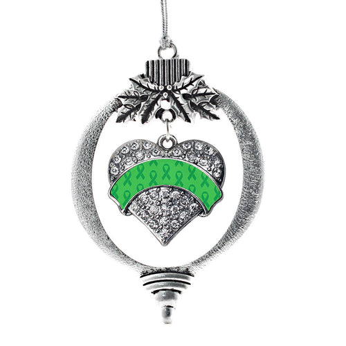 Green Ribbon Support Pave Heart Charm Christmas / Holiday Ornament