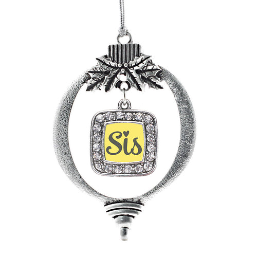 Sis Yellow Script Square Charm Christmas / Holiday Ornament