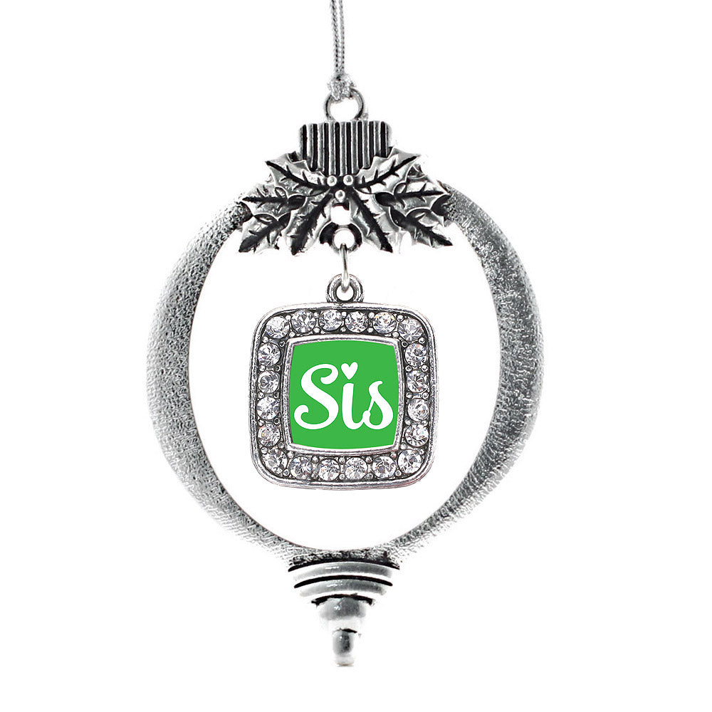 Sis Green Script Square Charm Christmas / Holiday Ornament