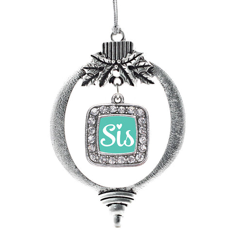 Sis Teal Script Square Charm Christmas / Holiday Ornament